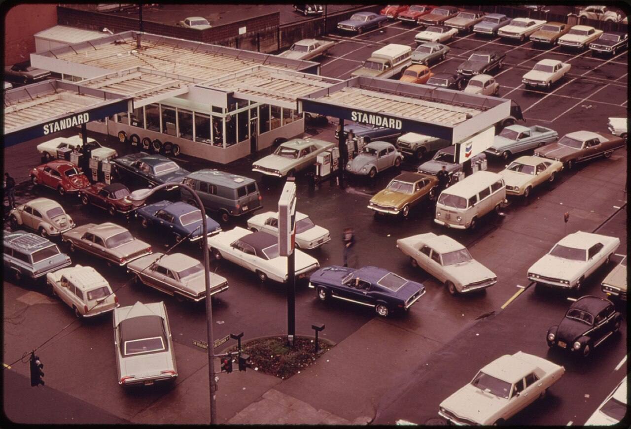 Bird's Eye View of an Average Gas Station in Portland During the Early Morning Hours of Pumping When Gas Was Limited...