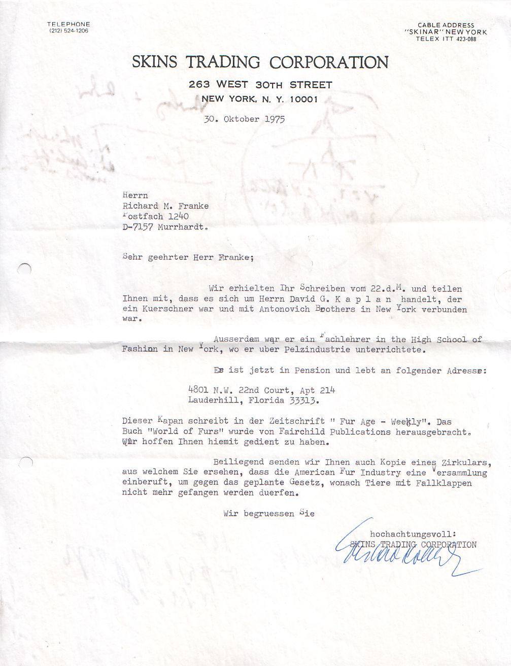 Skins Trading Fur Merchants Corporation, New York, letter, 1975. Letter to the German publisher, fur dyer and fur trader Richard Franke (*18. August 1901; †2 4.
