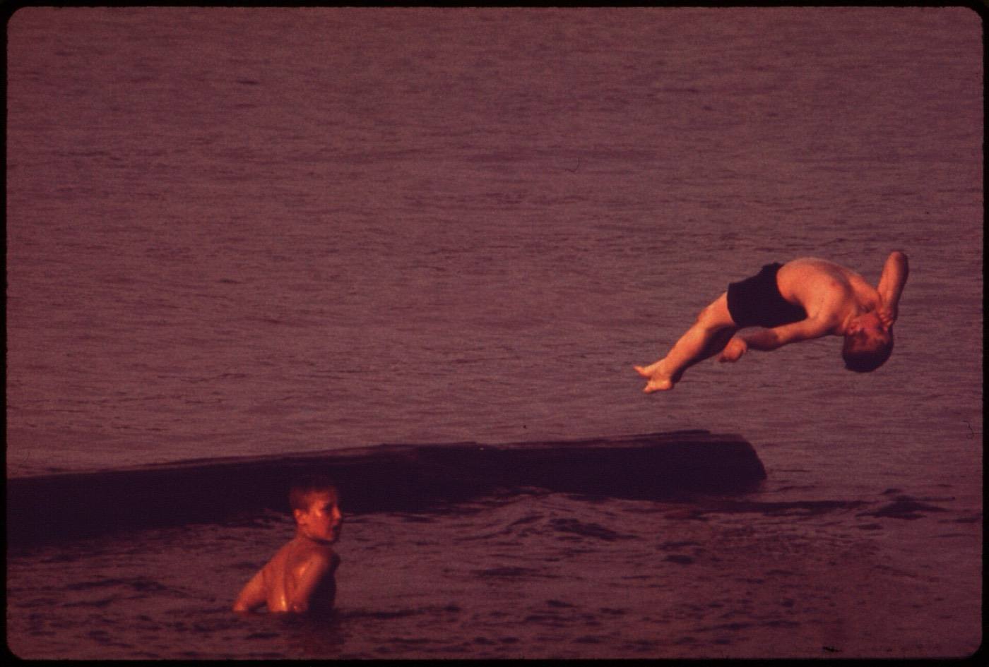 Fancy Diving from a Log in Lake Washington. Lake Washington Was Dying of Pollution Caused by Sewage. Under the Metro...