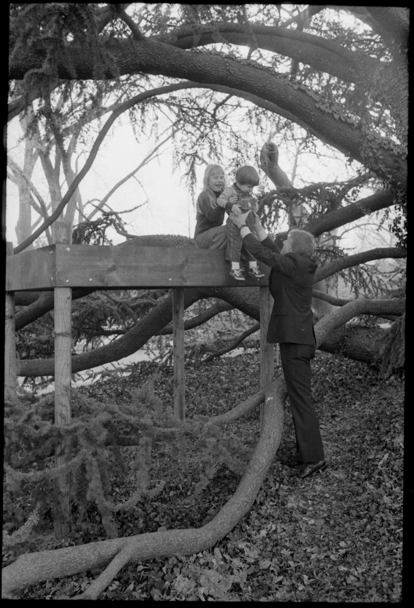 Jimmy Carter with his grandson, Jason Carter, and Amy Carter in a tree house on the White House grounds.