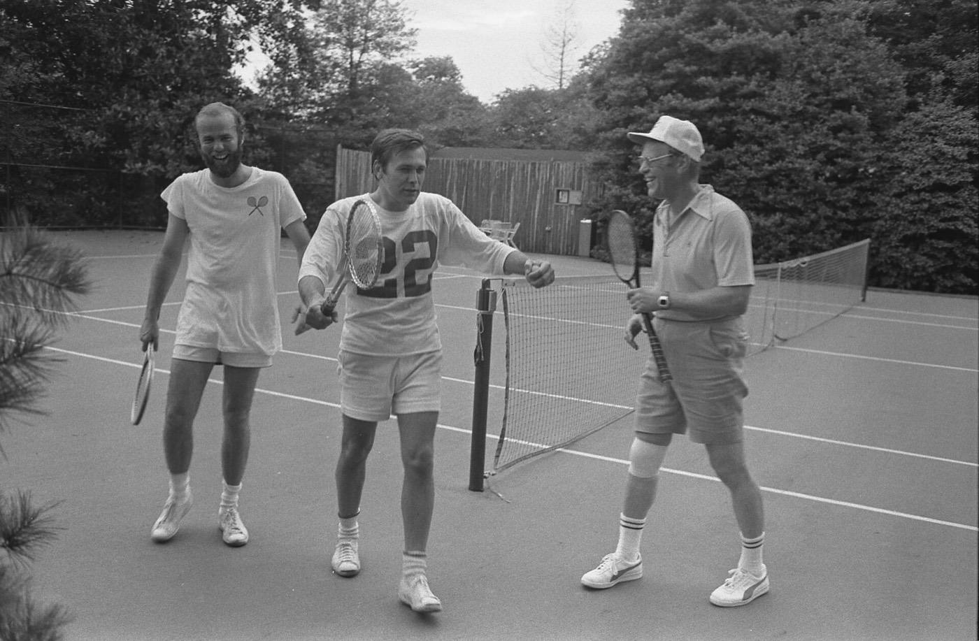 President Gerald Ford, Chief of Staff Donald Rumsfeld, and David Hume Kennerly, Personal Photographer to the President, following a Tennis Match on the White Ho