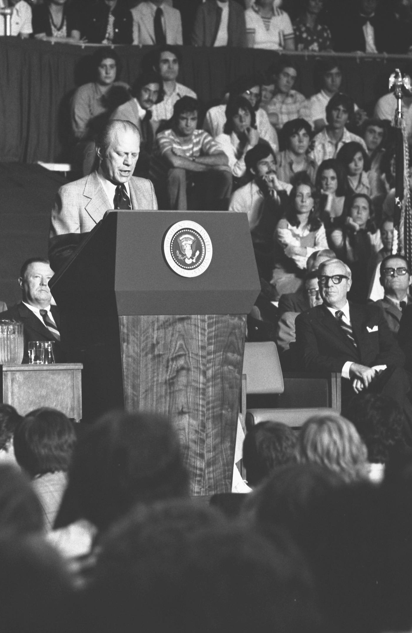 President Gerald R. Ford declares that the Vietnam War “is finished as far as America is concerned” during his Convocation Address.
