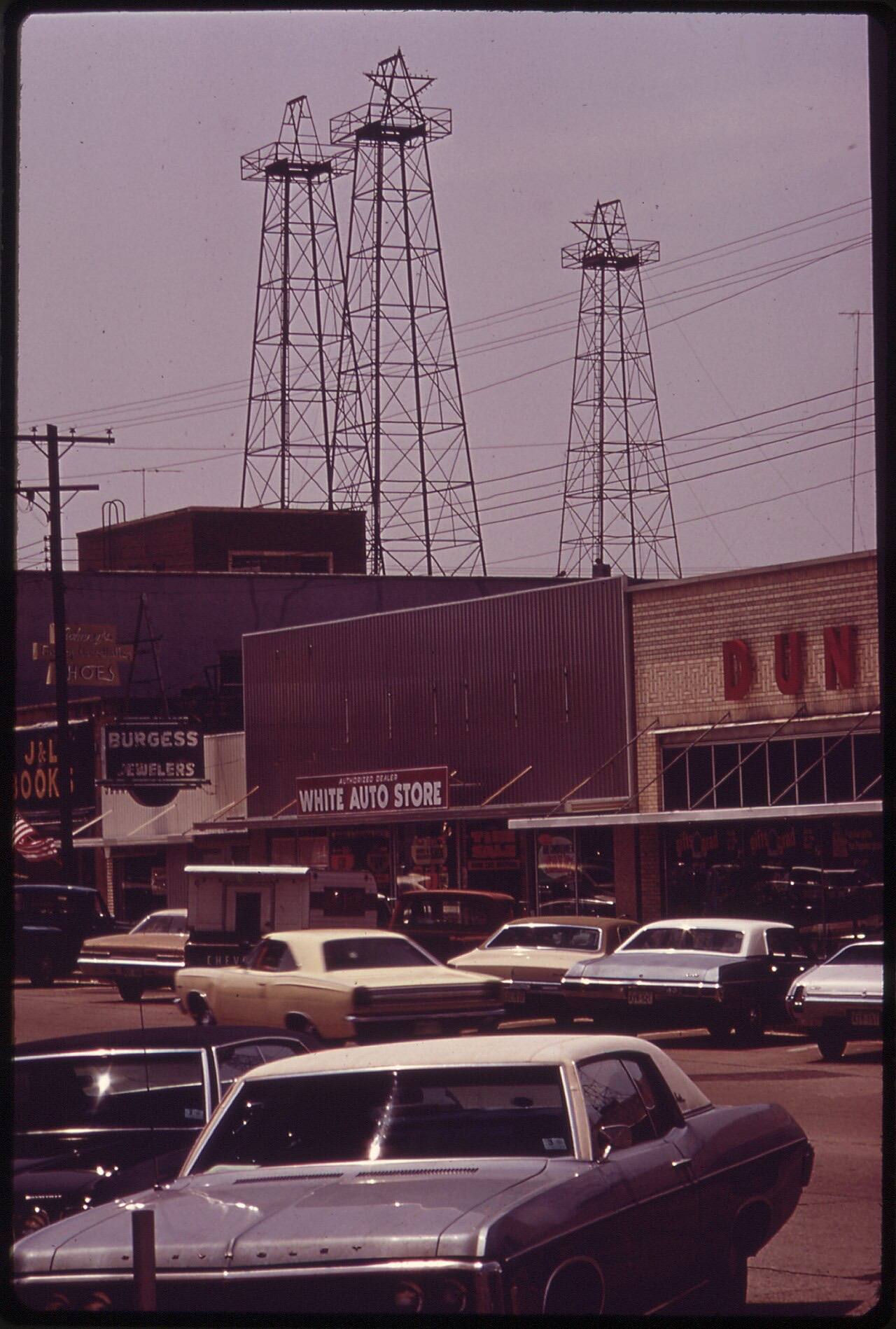 Oil Derricks Behind the Stores of Main Street