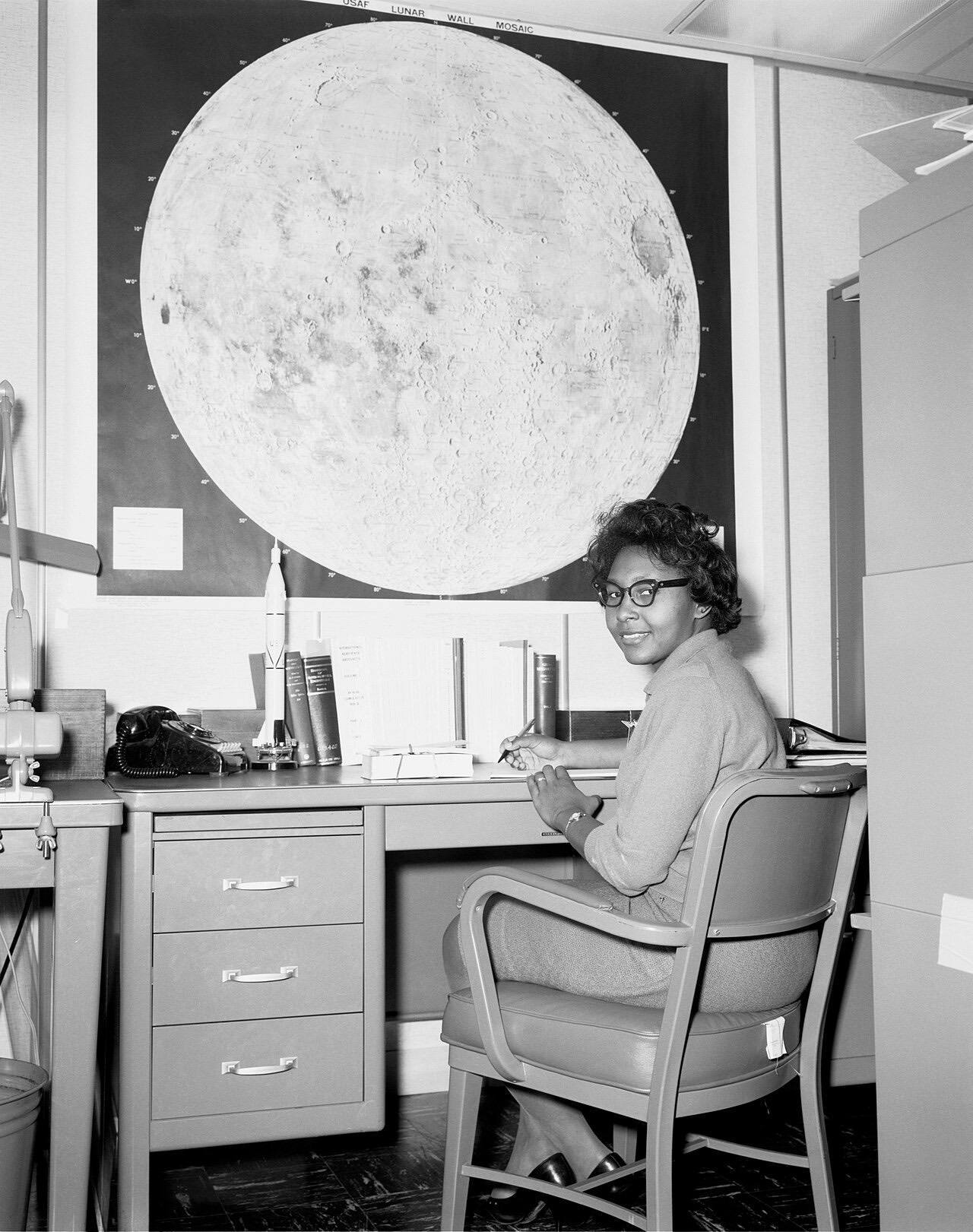 Jeanette Scissum at her desk at Marshall Space Flight Center