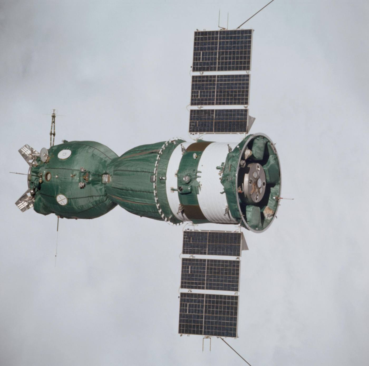Soviet Soyuz spacecraft in orbit as seen from American Apollo spacecraft