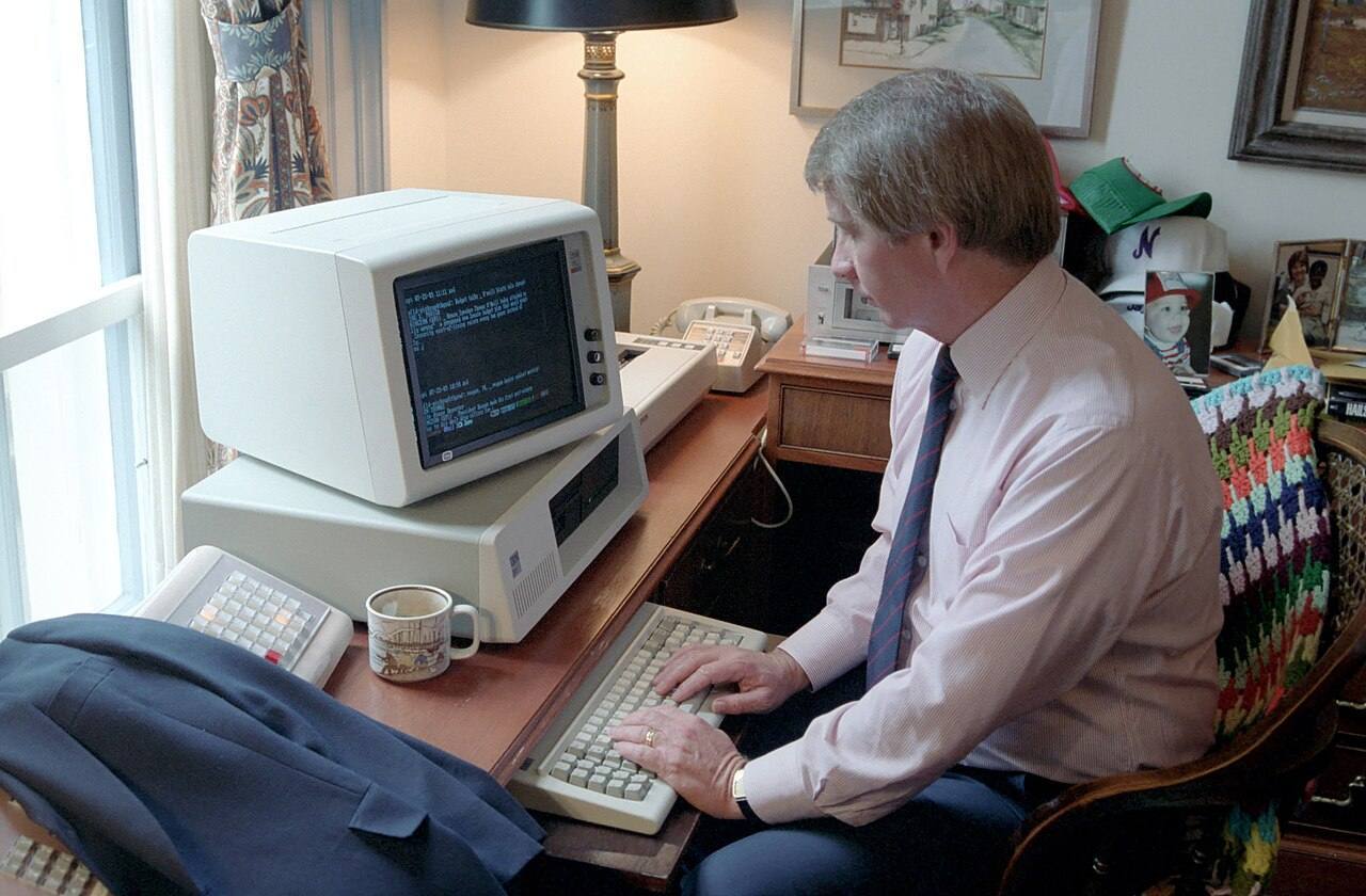 Press Secretary Larry Speakes Working at a Computer in his Office