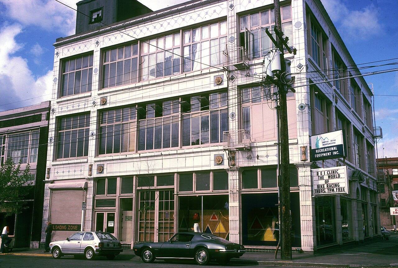 REI flagship store at 11th & Pine on Capitol Hill, Seattle, Washington, circa 1980.