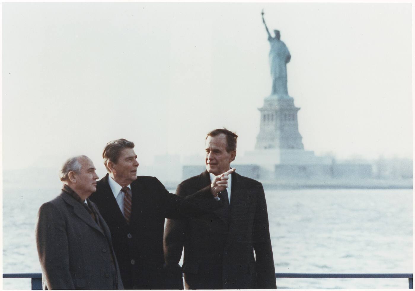 Photograph of President Reagan and Vice-President Bush meeting with General Secretary Gorbachev on Governor's Island...