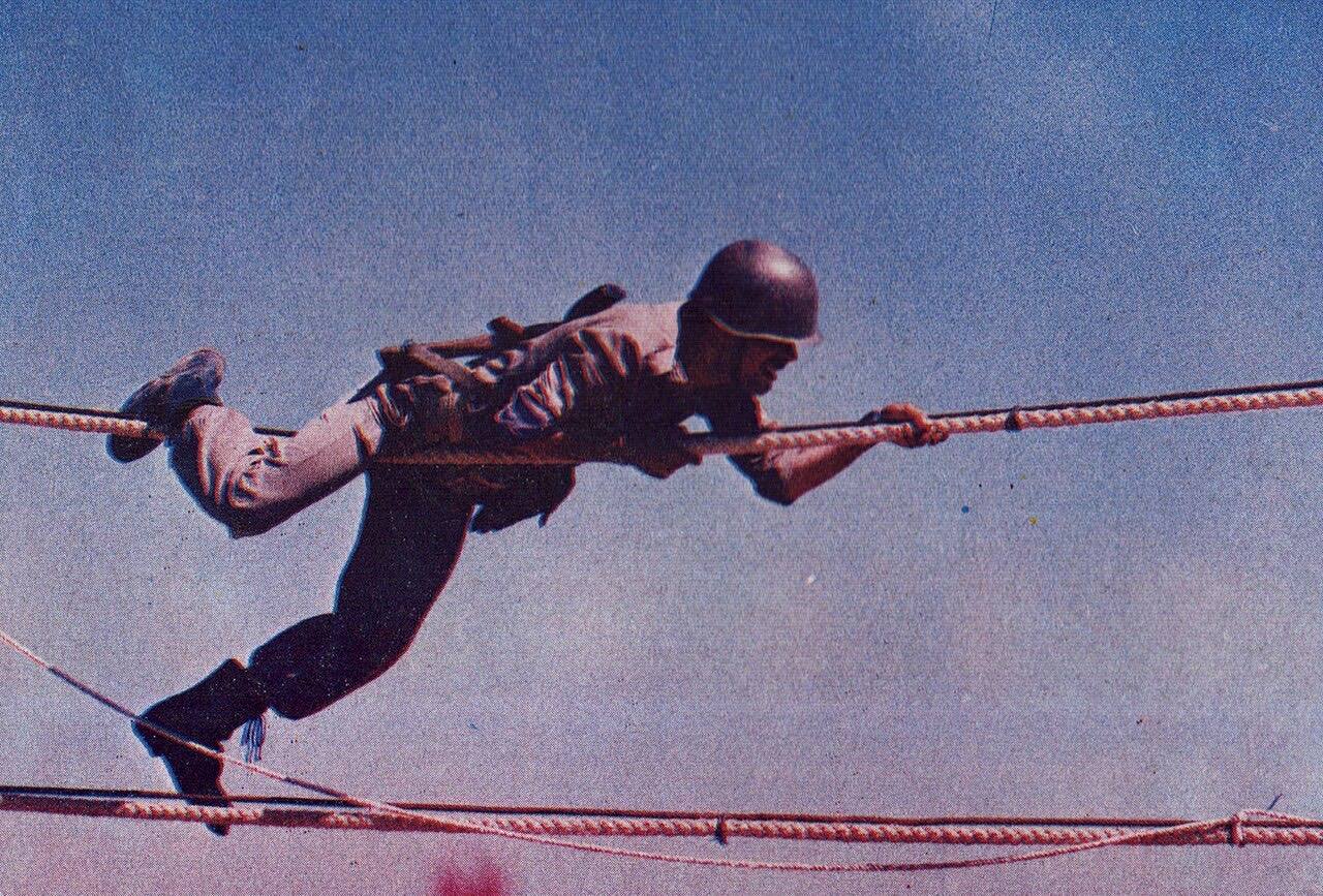 The Syrian Arab Army during exercises in the 1980s. A Syrian soldier navigating a simulated obstacle course.