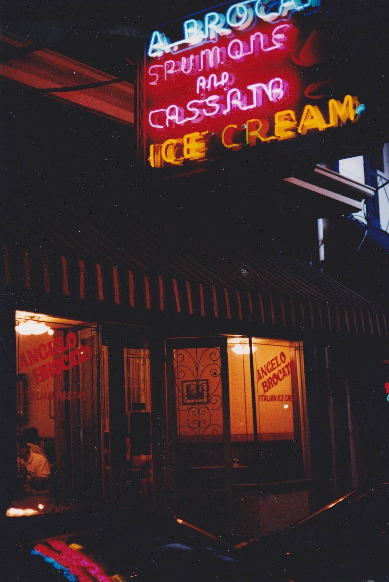 Carrollton Avenue, Mid-City New Orleans. Night shot of exterior of Angelo Brocato's some years before the Hurricane Katrina Federal Flood.
