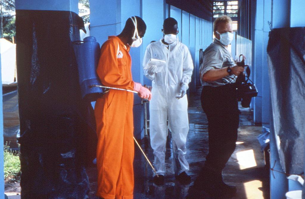 This 1995 photograph shows sanitary procedures being practiced in a clinic in Zaire during Ebola virus disease outbreak.