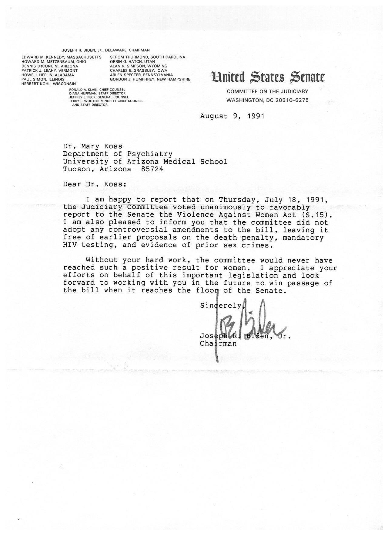 A letter addressed to Mary Koss written by Chairman Joe Biden regarding her testifying as an expert witness at the U.S. Senate hearings that lead to the passage