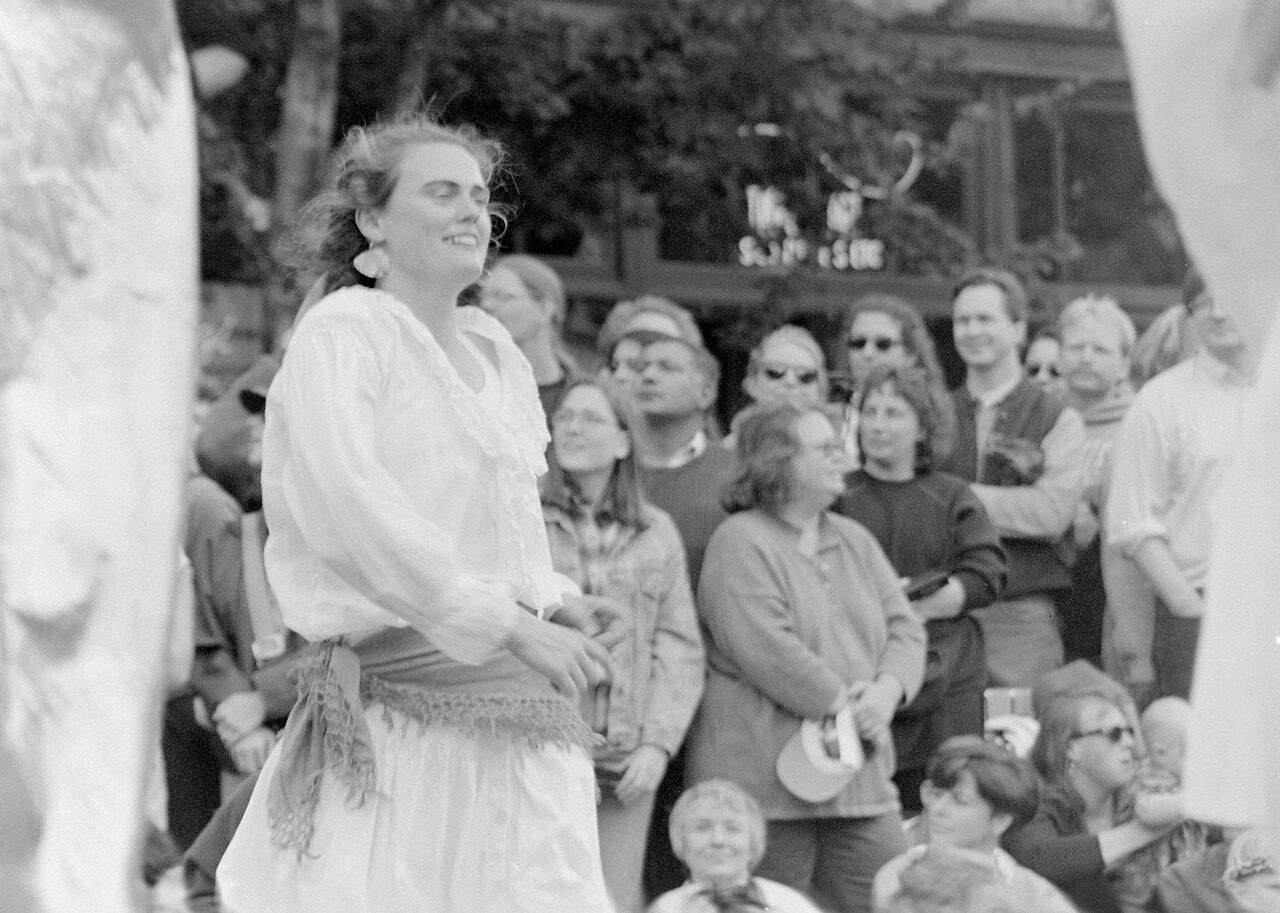 Dancer, Fremont Summer Solstice Parade and Pageant, part of the Fremont Fair in the Fremont neighborhood of Seattle, Washington, 1995.