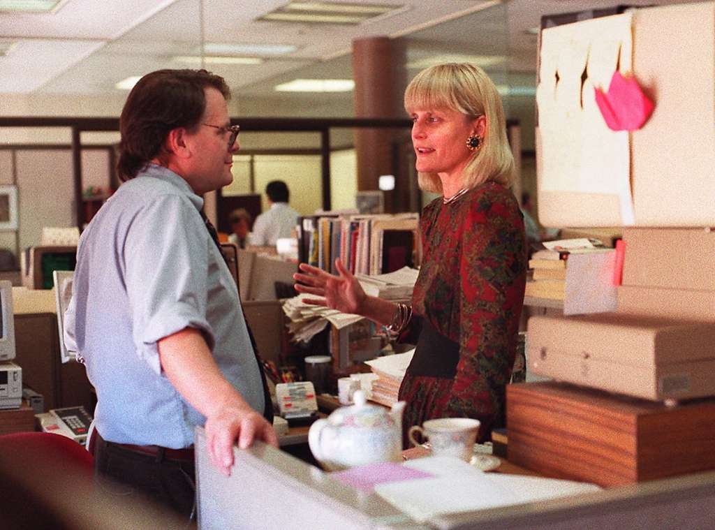 Bill Wallace and Susan Sward,, San Francisco Chronicle investigative reporters in the newsroom,1994. Photo by Nancy Wong SPECIAL to The San Francisco Chronicle