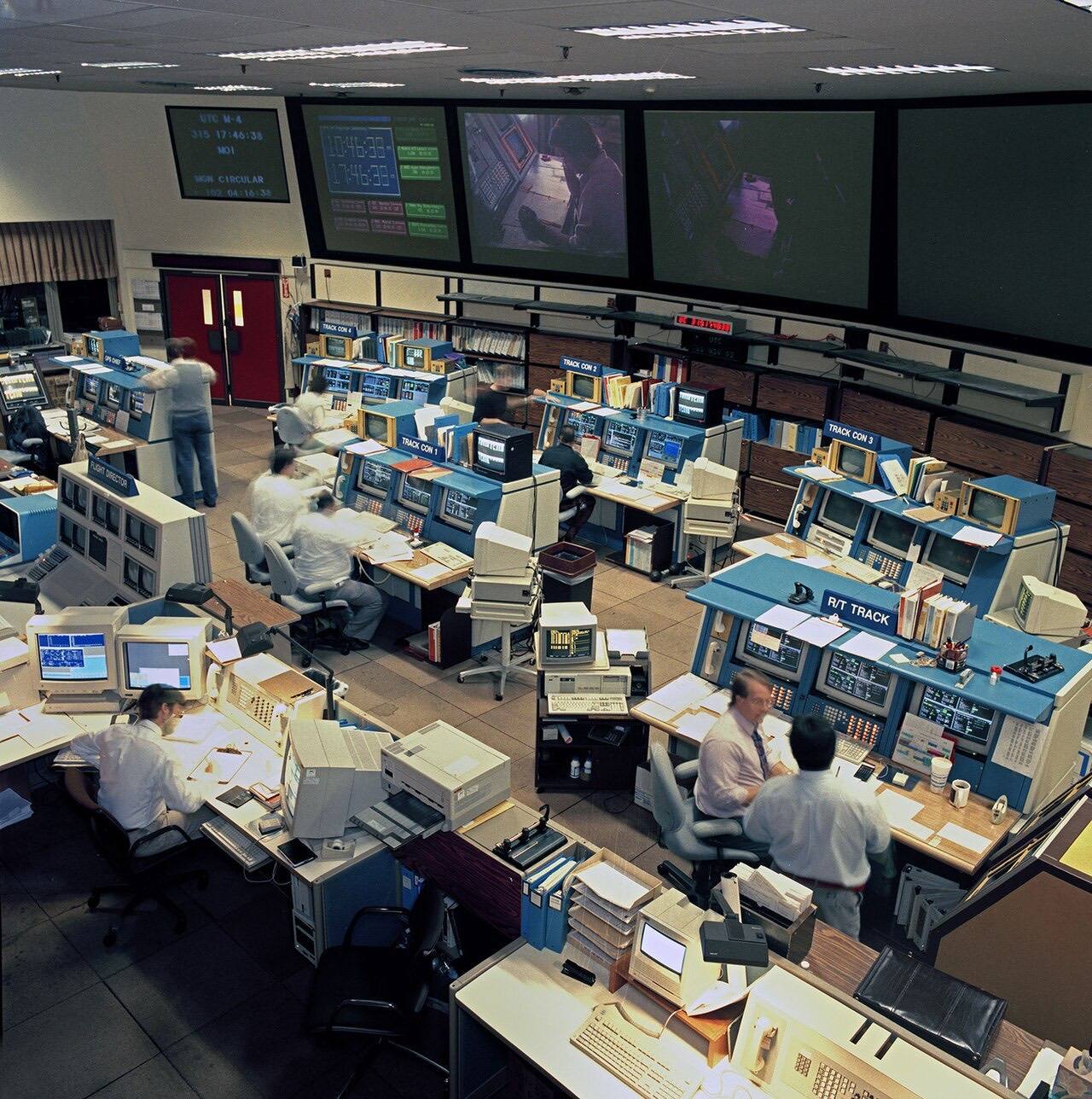This is an image of the primary space flight operations room at the Jet Propulsion Laboratories, in Pasadena, California.