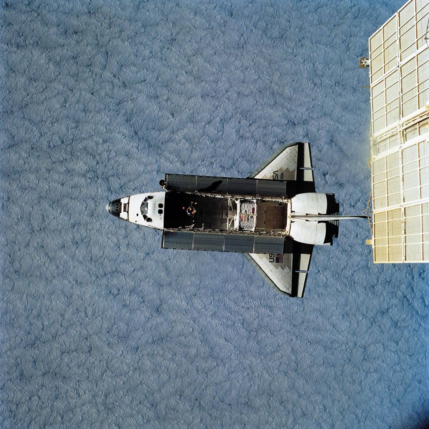 View of Space Shuttle Atlantis during approach and docking to Mir Space Station
