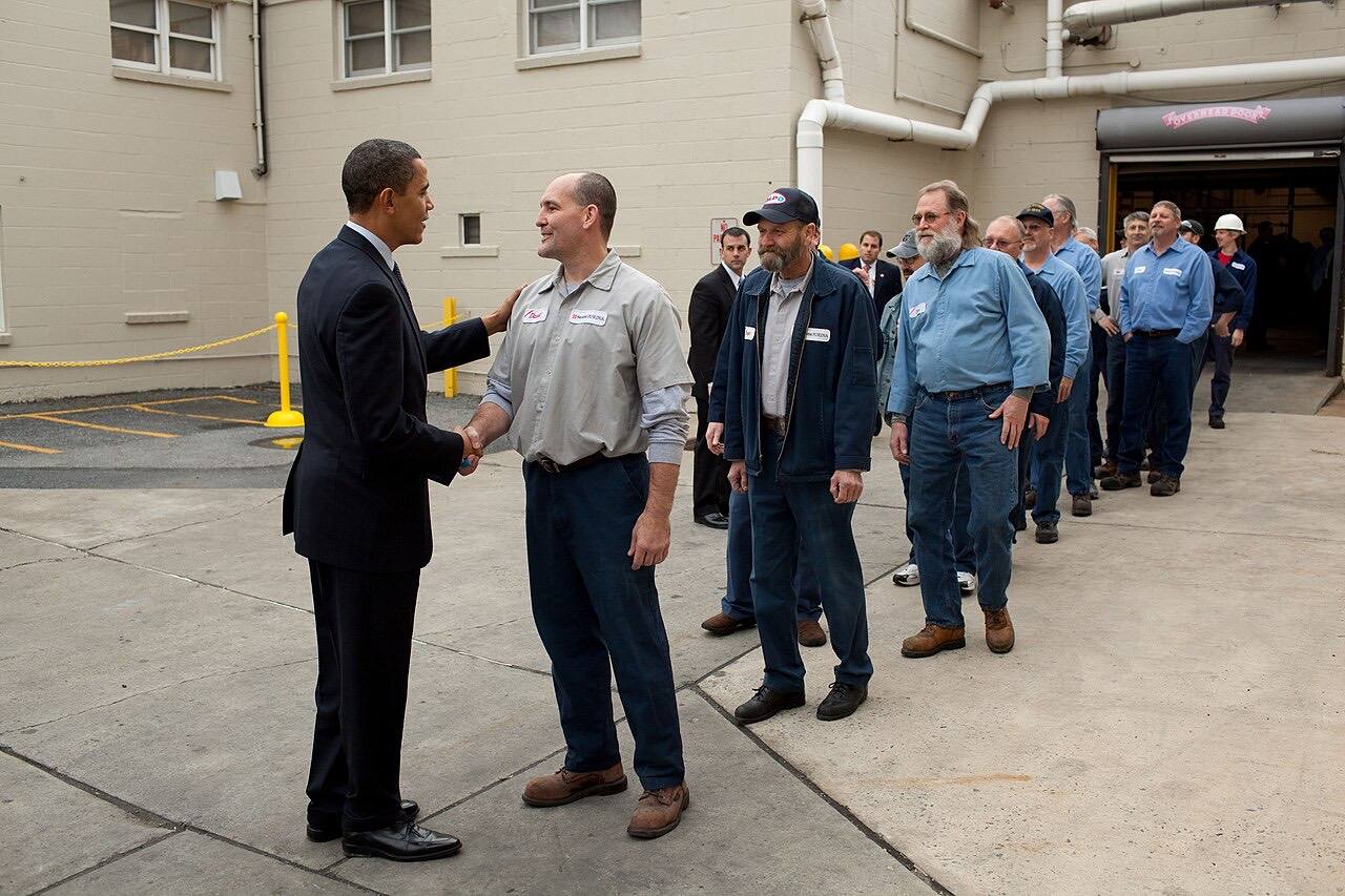 President Barack Obama greets workers during a shift change at the Nestlé Purina PetCare facility in Allentown, Pa., Dec. 4, 2009. (Official White House Photo b