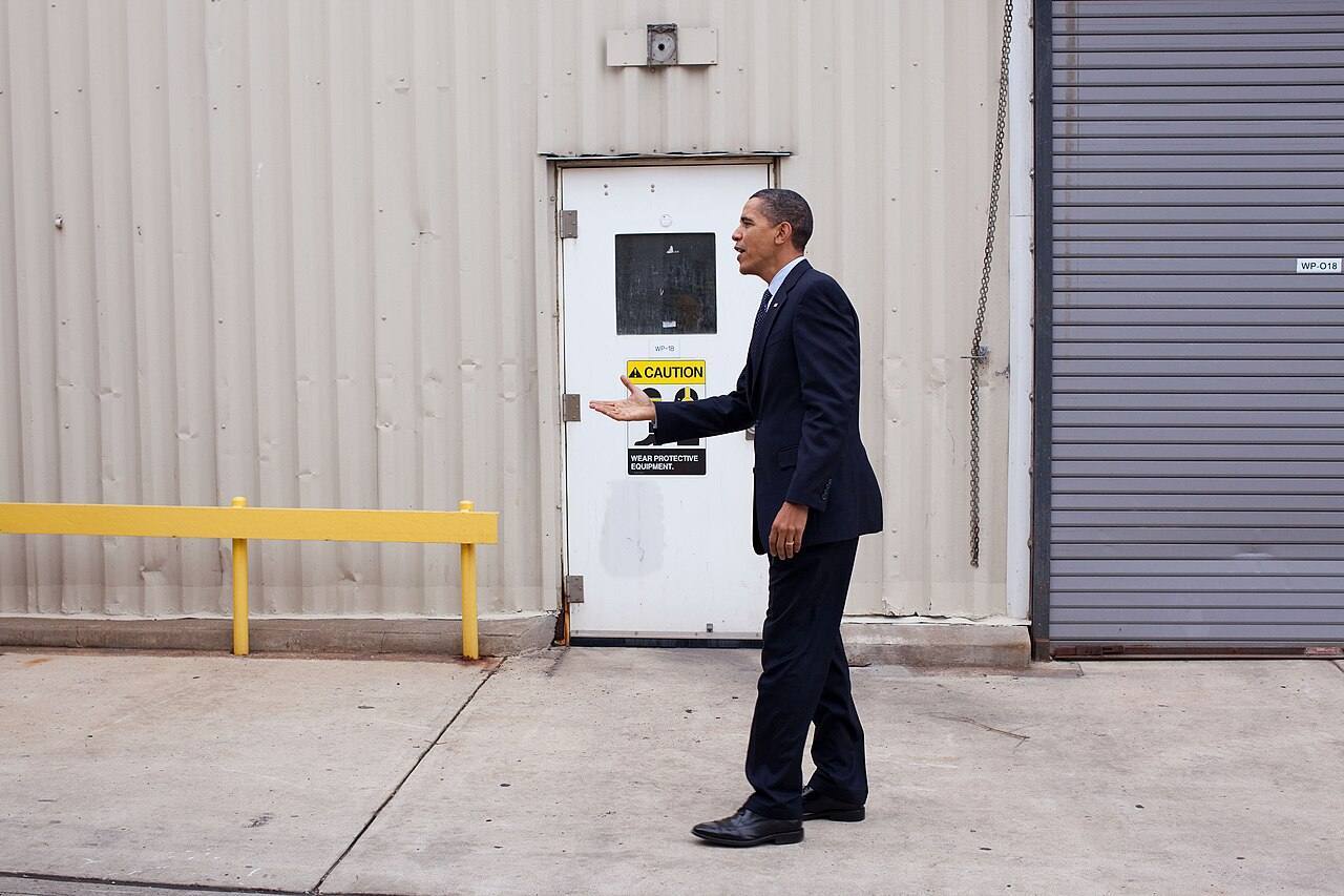 President Barack Obama prepares to greet workers during a shift change at Nestlé Purina PetCare facility in Allentown, Pa., Dec. 4, 2009. (Official White House