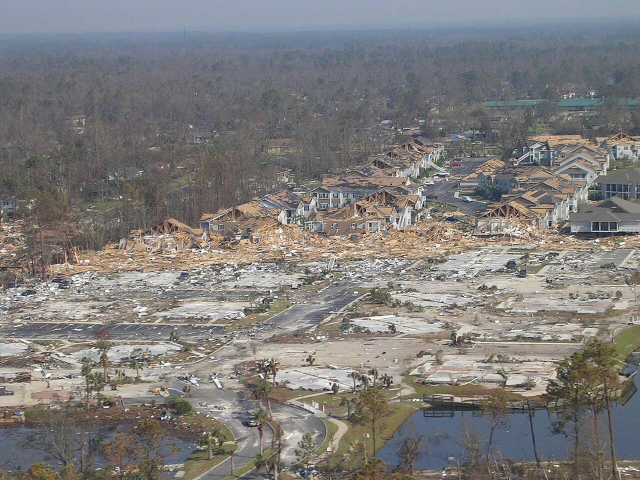 US Navy 050901-N-0000X-002 The family housing area on board Naval Construction Battalion Center (NCBC) Gulfport, Miss., shows considerable damage from Hurricane