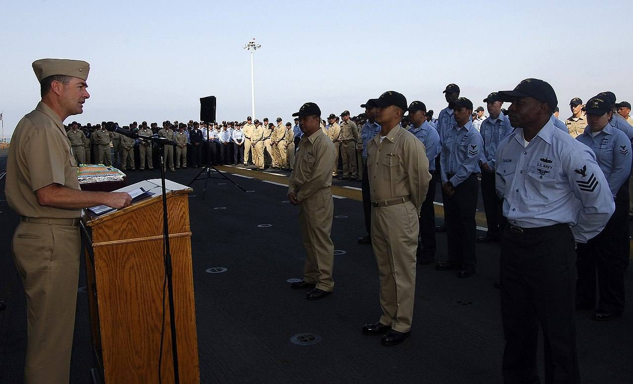 US Navy 080716-1786N-N-016 Rear Adm. Raymond Berube, commander, Fleet and Industrial Supply Centers, speaks to Sailors