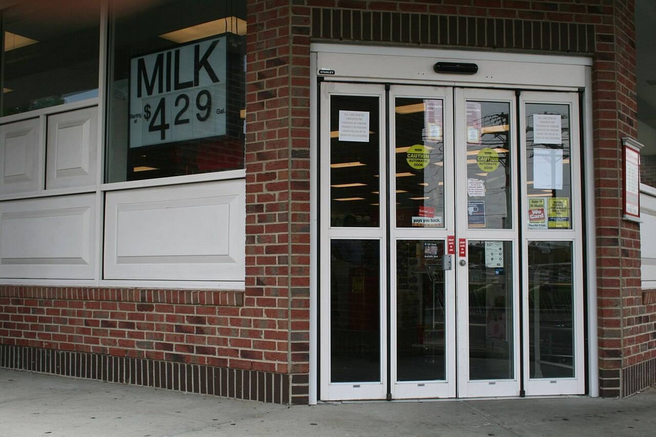 Automatic sliding door entrance to CVS/pharmacy on Garrett Road in Durham, North Carolina.
