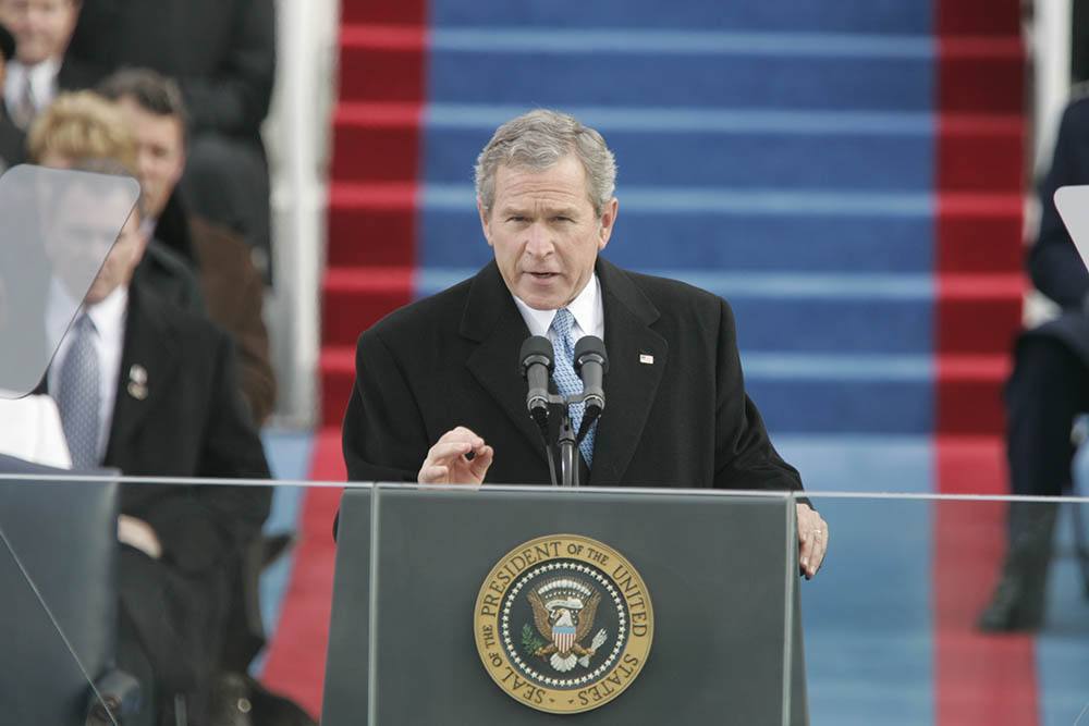 President George W. Bush delivers his inaugural address Thursday, Jan. 20, 2005, on the steps of the U.S. Capitol in Washington, D.C. Photo by Paul Morse, Court