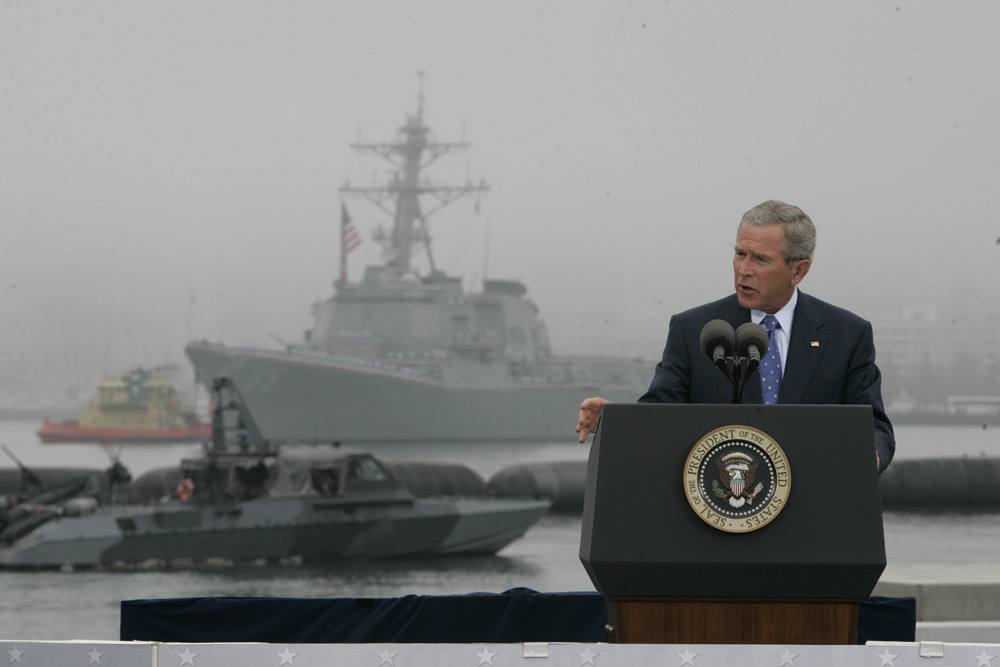 President George W. Bush Speaks During a Ceremony to Commemorate the 60th Anniversary of V-J Day at the Naval Air Station in San Diego, California, 8/30/2005