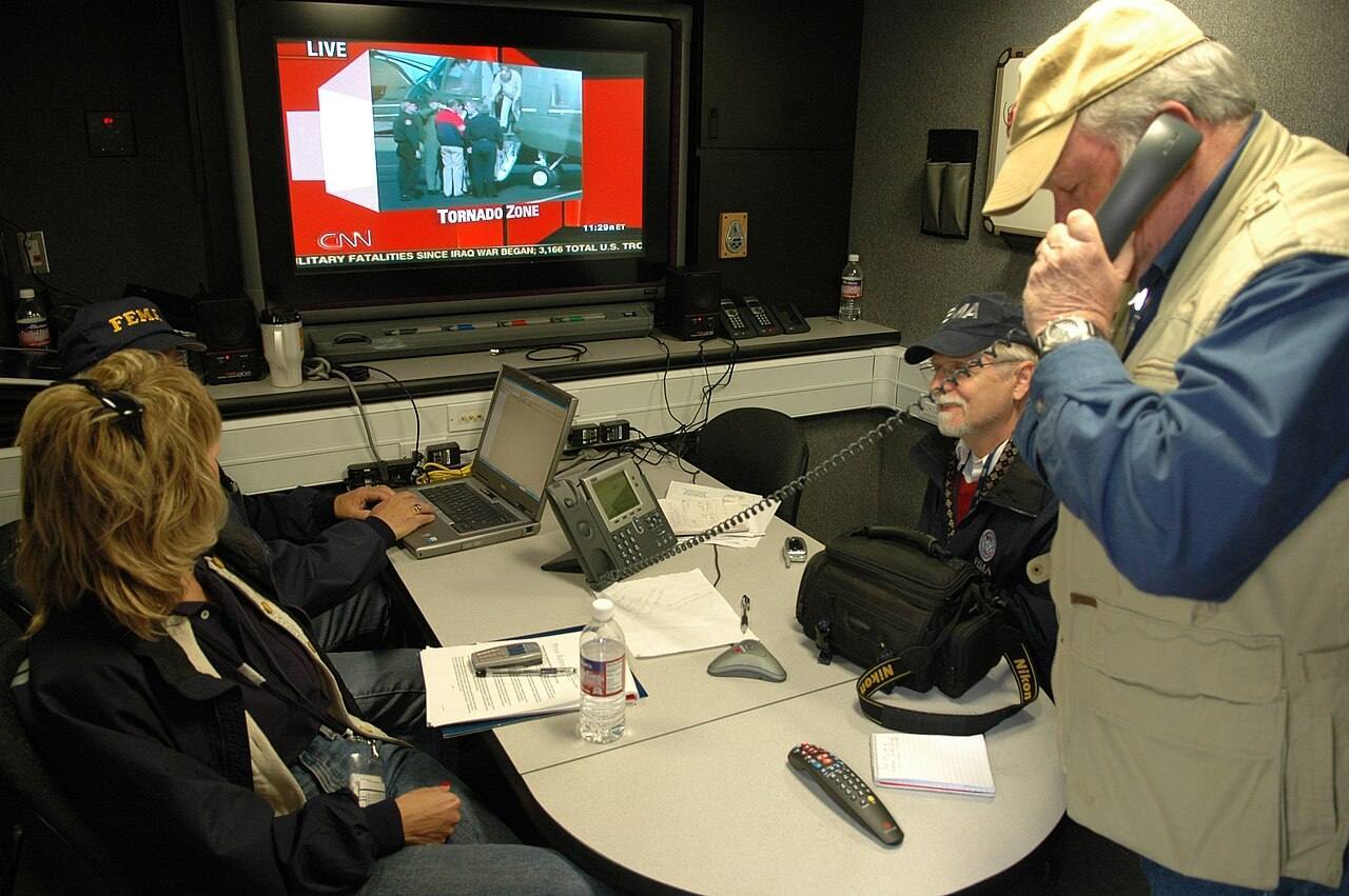 Enterprise, AL, March 3, 2007 -- FEMA personnel responding to the tornadoes in Alabama stay connected in the Mobile Emergency Response Support (MERS) vehicle.