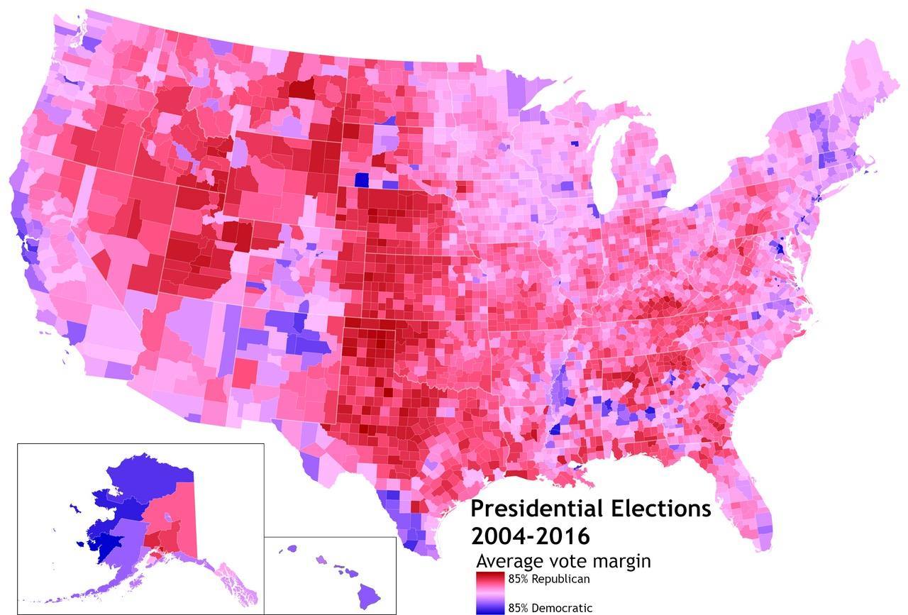 This map aggregates the U.S. presidential elections of 2004, 2008, 2012, and 2016 to show the general political tendencies of each county. Data obtained from MI