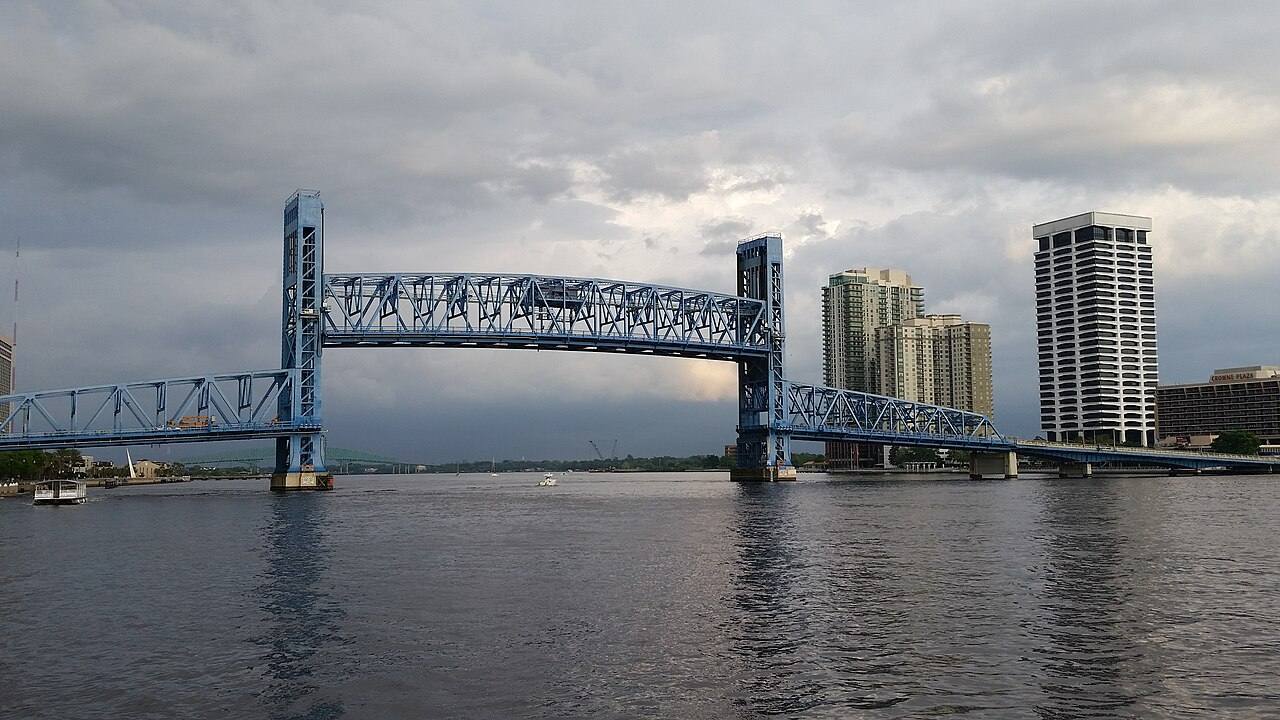 The Main Street Bridge (more formally the John T. Alsop Jr. Bridge), in Jacksonville, Florida, with its lift span raised - for maintenance work, in this instanc