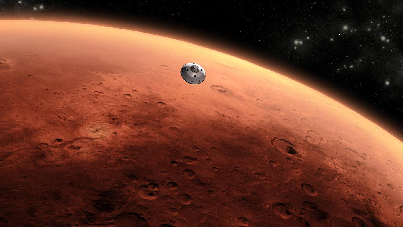 This is an artist concept of NASA Mars Science Laboratory spacecraft approaching Mars. The Curiosity rover is safely tucked inside the spacecraft aeroshell.