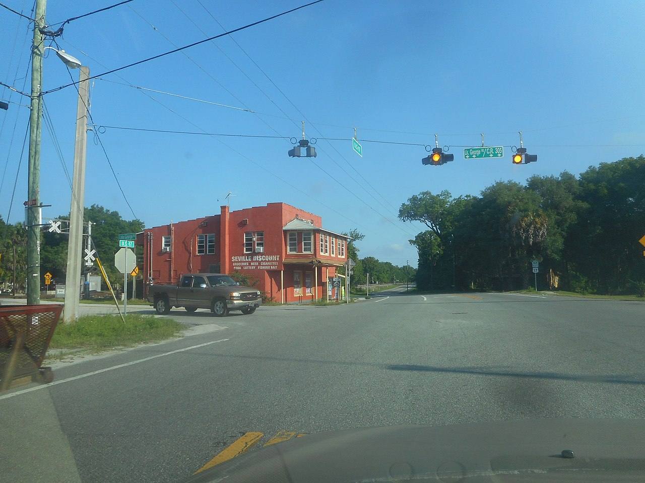 The Seville Discount Store, a local grocery store on the northwest corner of Lake George Road and U.S. Route 17 in Seville, Florida.