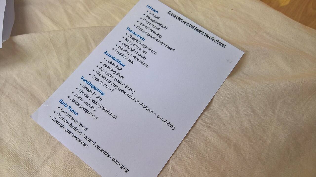 A standard daily checklist for nurses and nurse students at a hospital, that is located in the Rotterdammer neighbourhood of 110-Morgen, Hillegersberg-Schiebroe