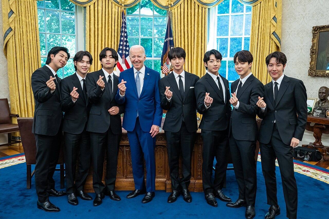 President Joe Biden records a digital video with the K-pop singing group BTS on Tuesday, May 31, 2022, in the Oval Office of the White House. (Official White Ho