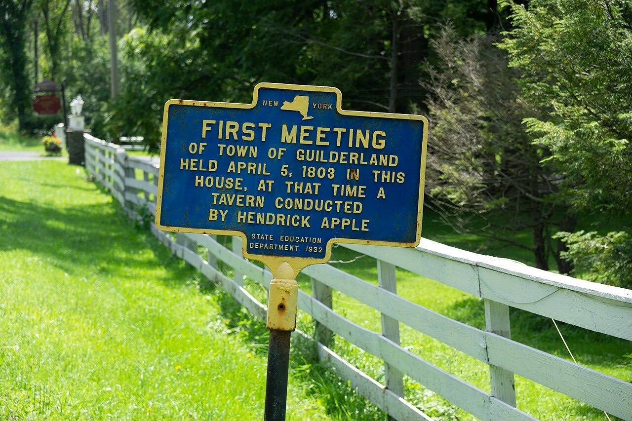 First Meeting of Town of Guilderland, New York historical marker, at the Apple Tavern / Appel Inn.