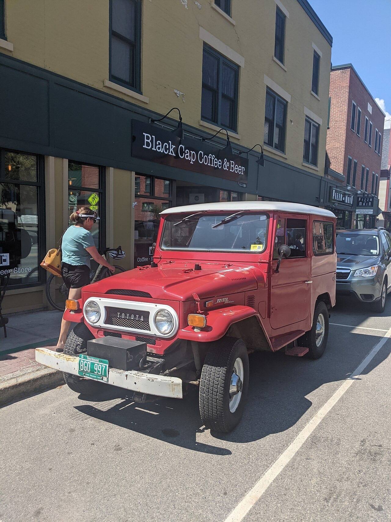 Toyota J40 parked on Lower Main Street in downtown Morrisville, Vermont.
